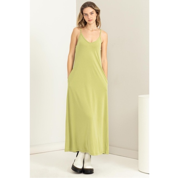 Celery Green Modal Blend Adjustable Strap Long Dress - Picture 4 of 5